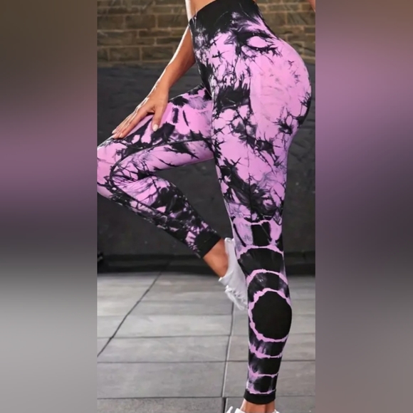 S/M Womens Seamless Tie Dye Leggings Pink Black - Picture 2 of 4
